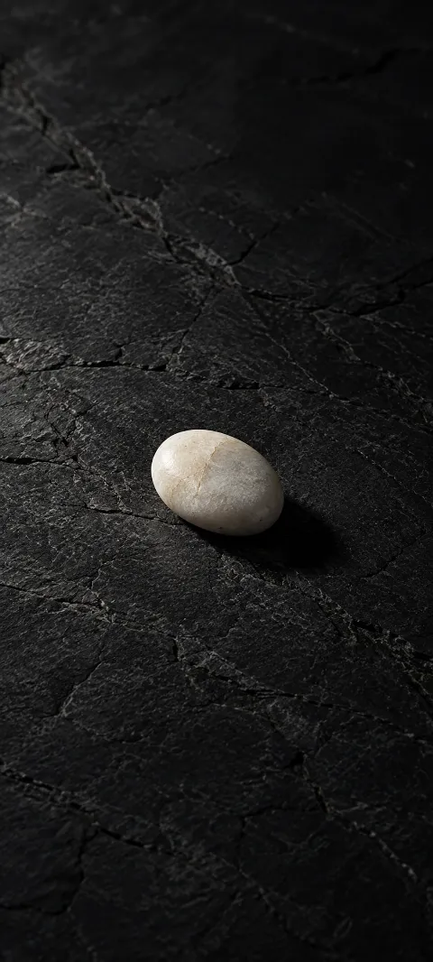 A pale pebble casts a small shadow on dark stone.