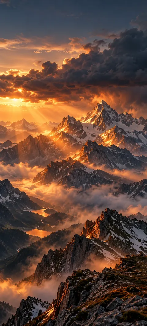 Copper storm light breaks across a rugged mountain range.