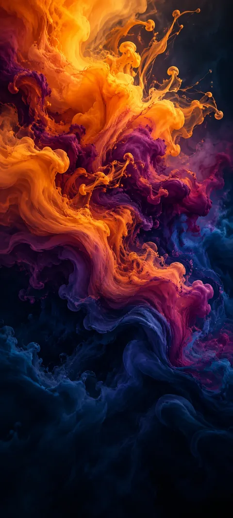 Saffron ink plumes billowing through plum and navy abstract layers.