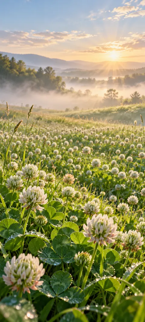 White clover heads rise through a sunlit meadow.