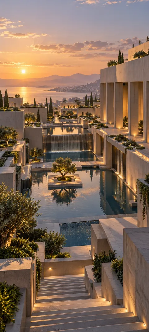 Concrete terraces catch sunrise around a geometric water court.