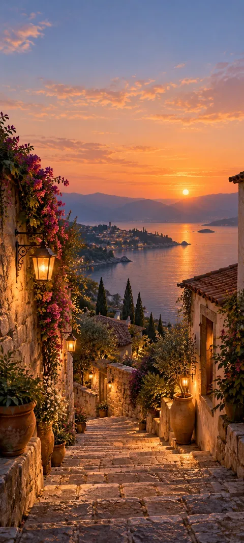 Stone steps descend between warm lanterns and plaster walls.