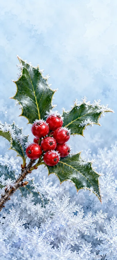 Red holly berries and pointed green leaves covered with delicate frost against icy blue.
