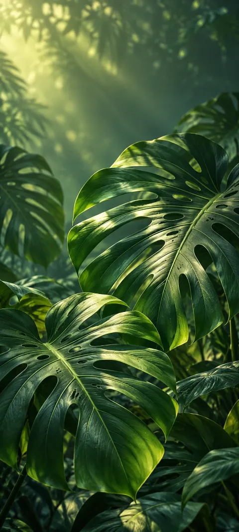 Monstera leaves overlap in rich filtered light.