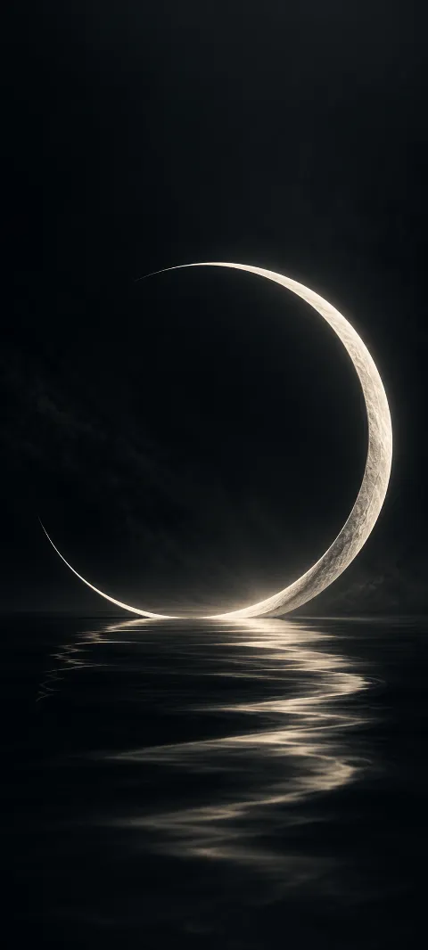 A restrained white arc emerges from graphite darkness.