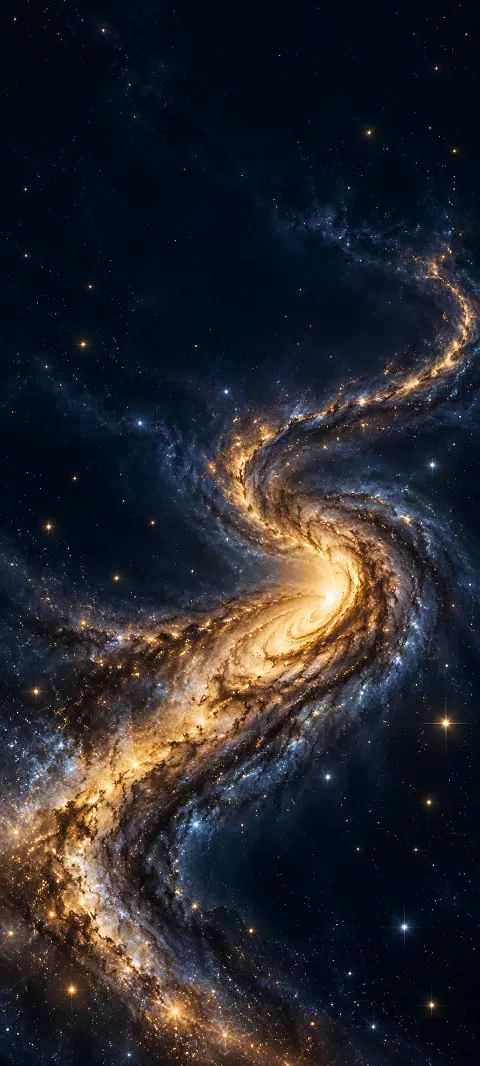 A golden galaxy ribbon winds through deep navy space.