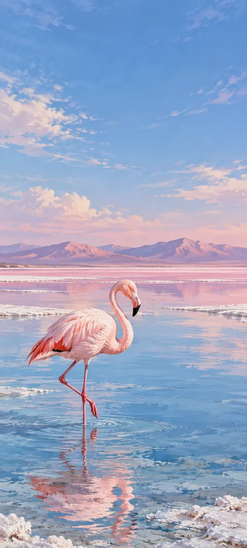 A pink flamingo standing on one leg in blue saltwater with its reflection and distant mountains.