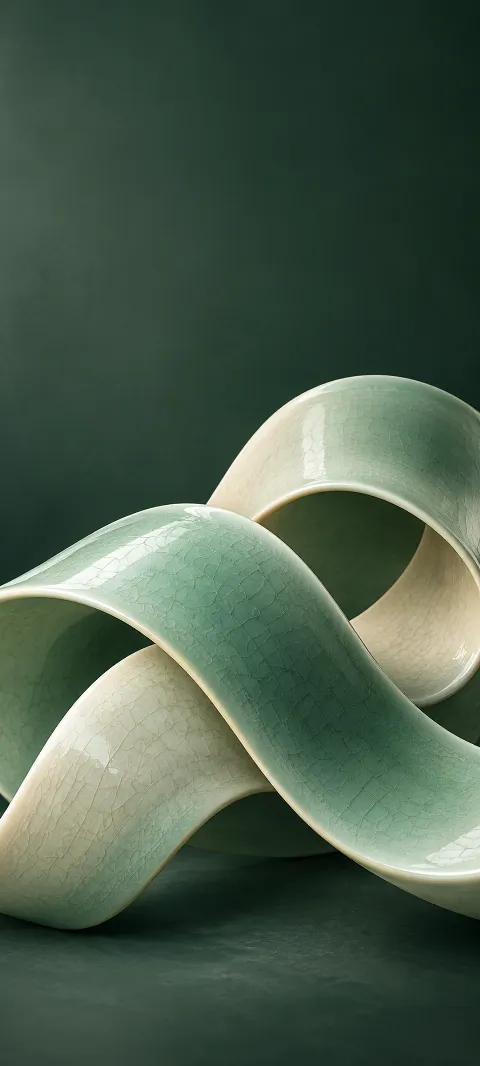 Overlapping mint and ivory curved ceramic ribbons with fine crackle glaze.