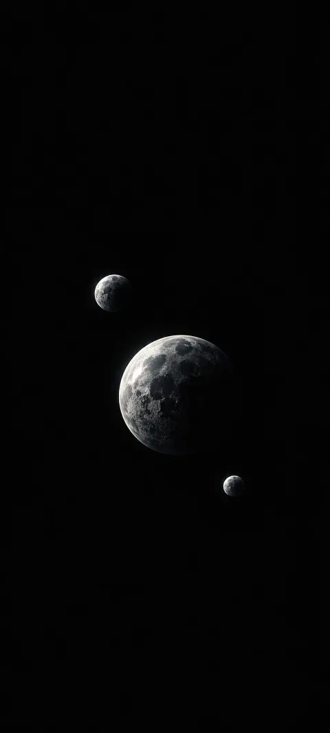 Three silver cratered moons of different sizes against black.