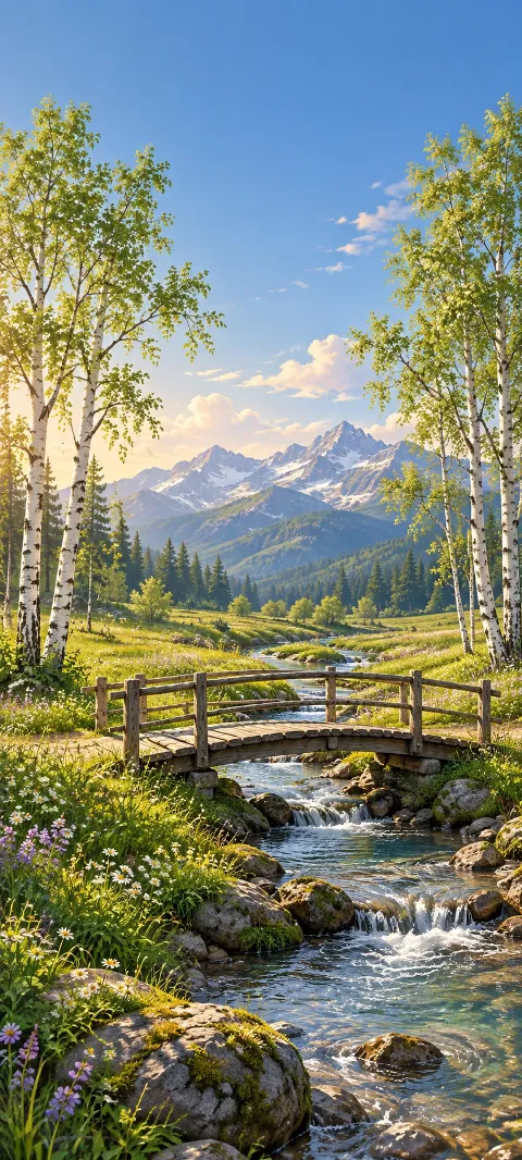 A wooden footbridge crosses a meadow stream between white birches.
