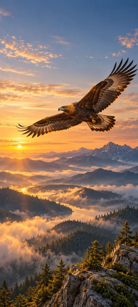 A golden eagle glides above foothills and cloud.