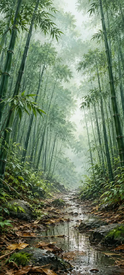 Tall green bamboo framing a rainy clearing with fallen leaves and shallow puddles.