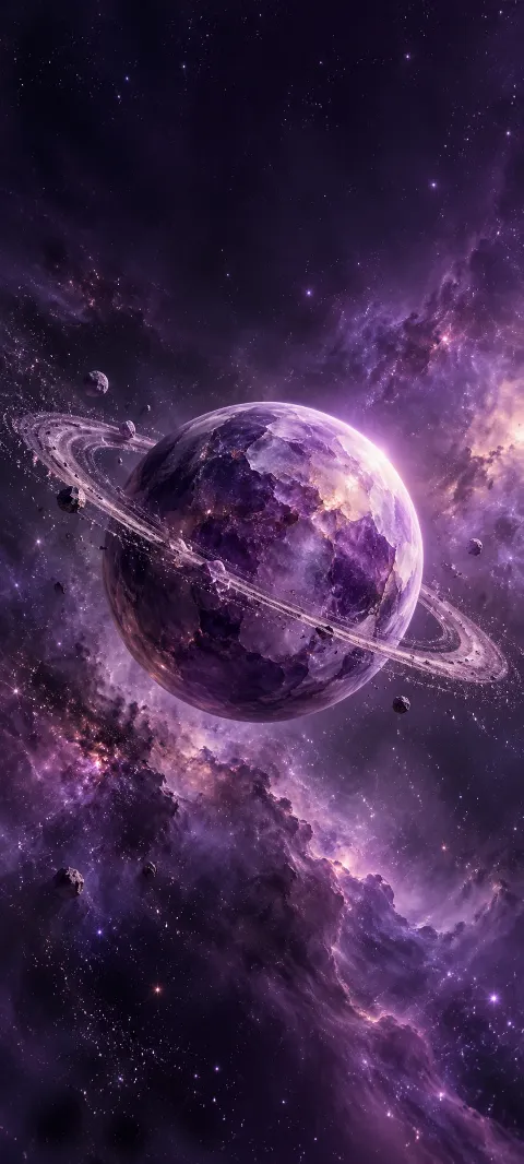 A small amethyst planet with a thin ring floats before violet dust.