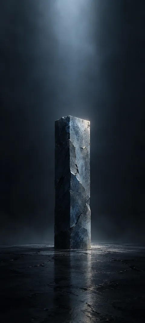 A low blue-gray pillar rises from a dark floor.