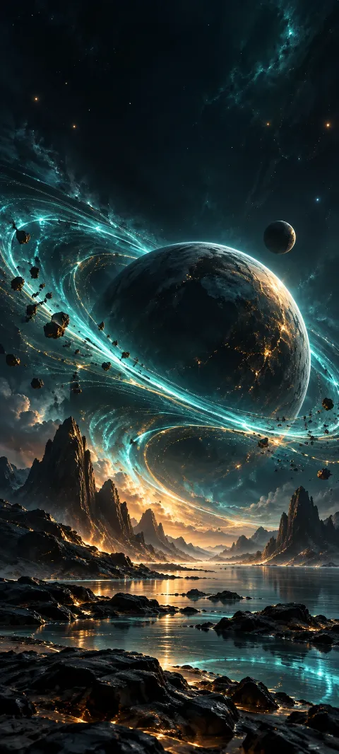 Teal arcs loop through charcoal space with amber reflections.
