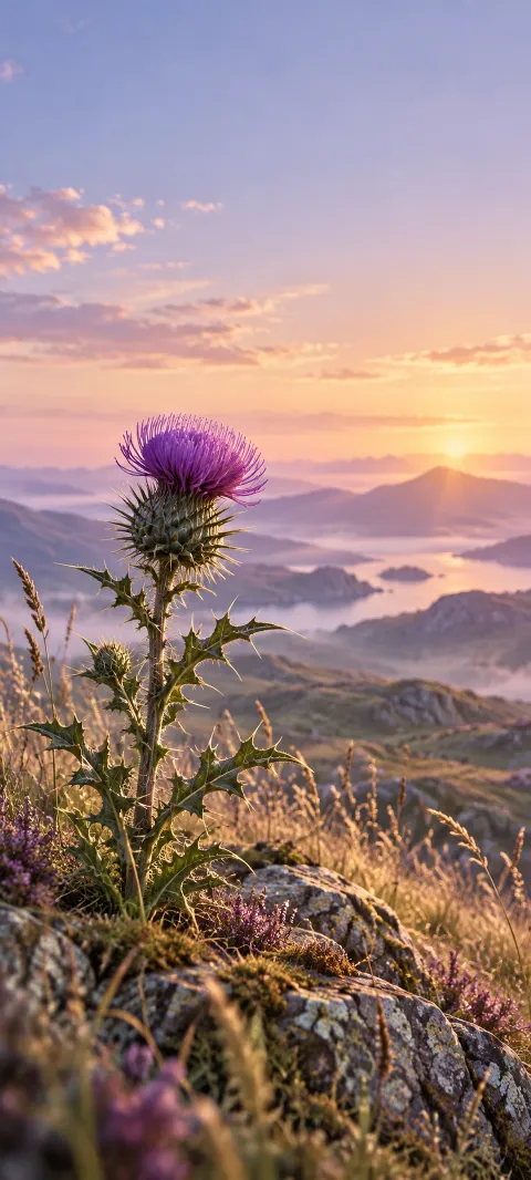 A purple thistle rises against a pale field.