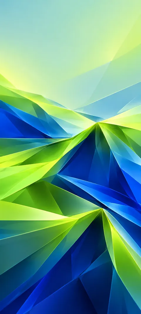 Lime and cobalt planes fold into a flowing faceted structure.