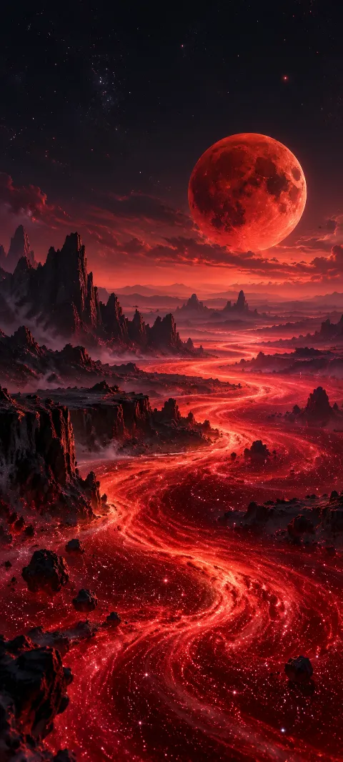 A crimson moon hangs over red cosmic dust.