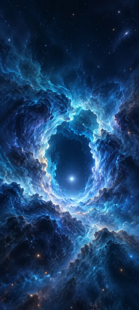 Blue nebula clouds form a doorway toward a tiny white star.