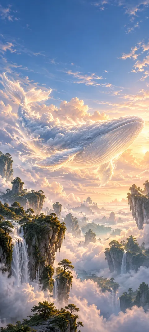 A gentle cloud whale moves between floating cliffs.