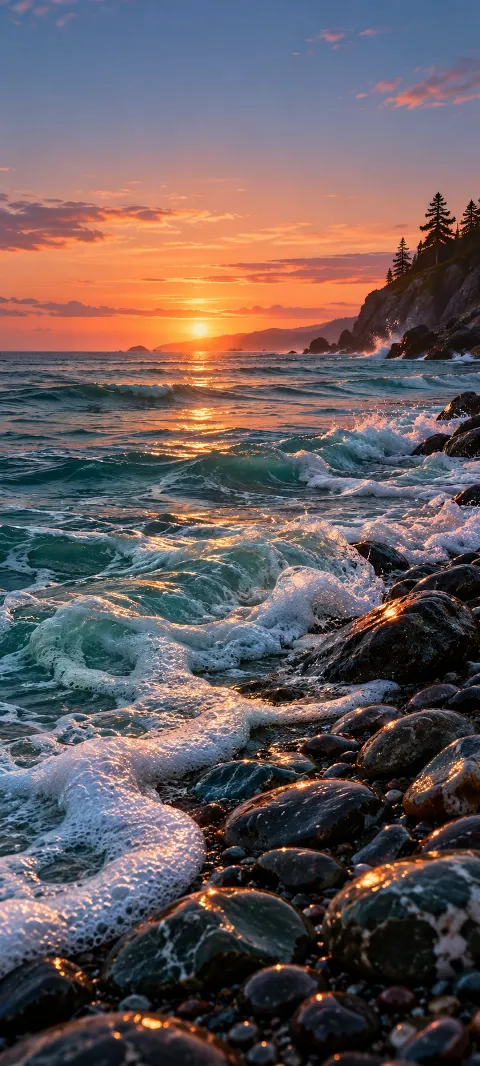 Seafoam curls over dark stones beneath a coral sunset.