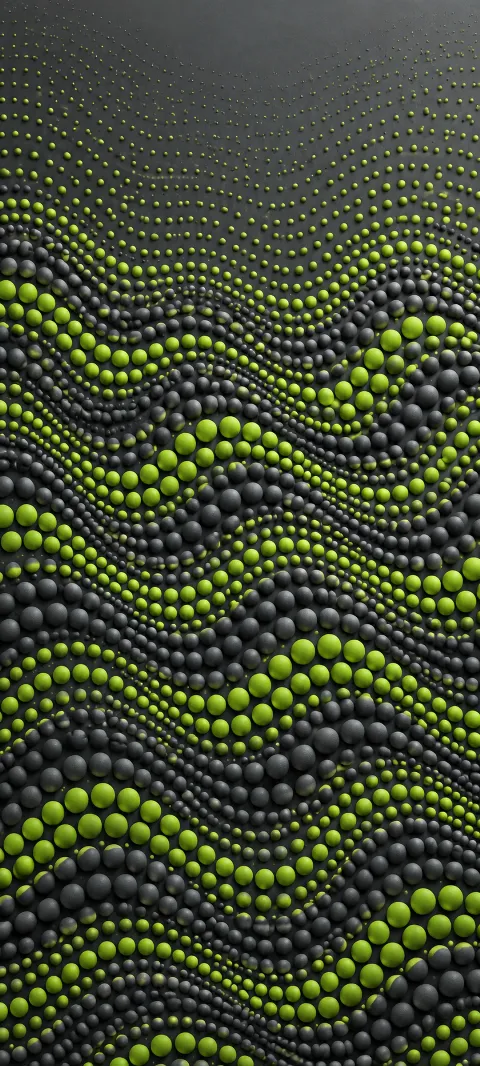 Lime and graphite dots form flowing rows across a charcoal surface.
