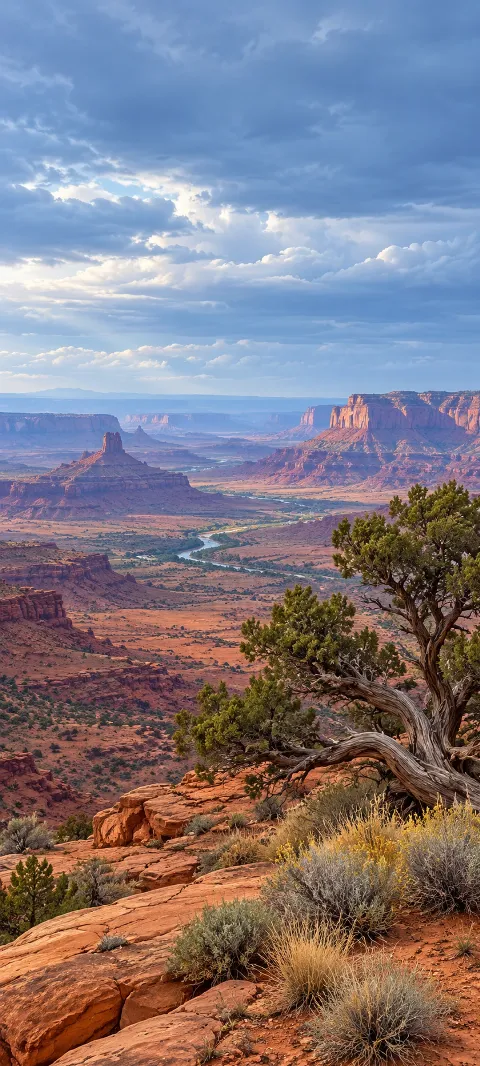 Wind-shaped juniper on a rocky ledge overlooking red mesas and a distant river.