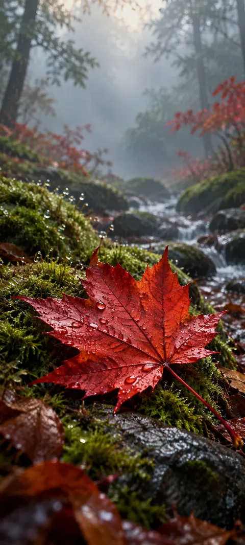 A red maple leaf rests over moss in soft rain.