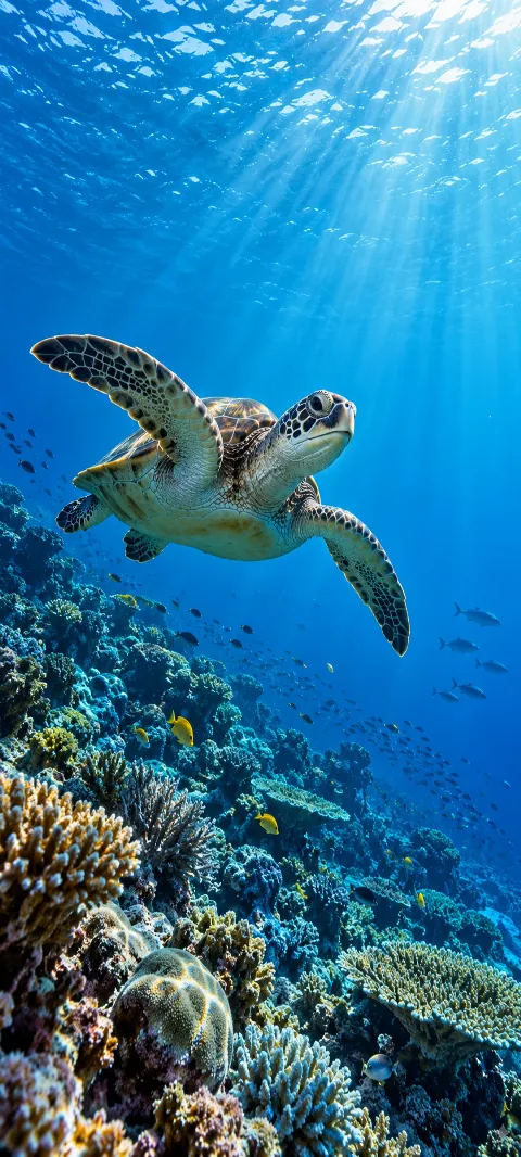 A sea turtle swims above a blue reef slope.
