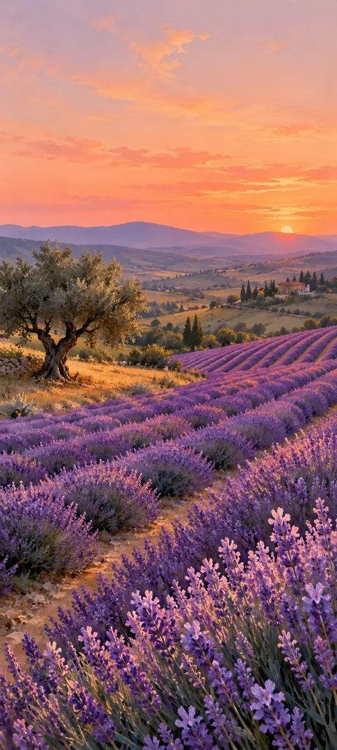 Curving violet lavender rows and an olive tree below a coral sunset.