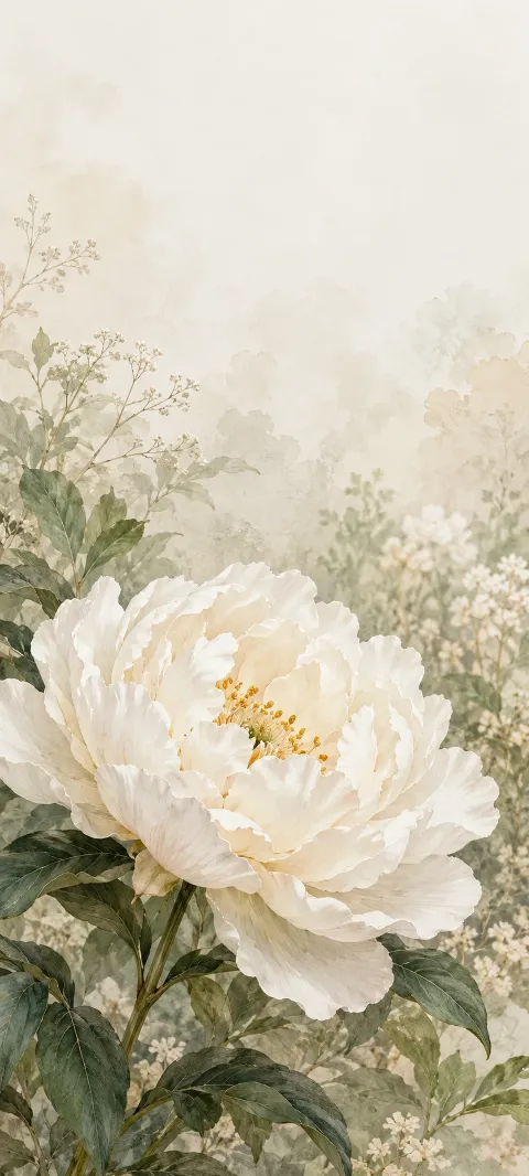 White peony with gold stamens and sage foliage against a pale botanical garden.