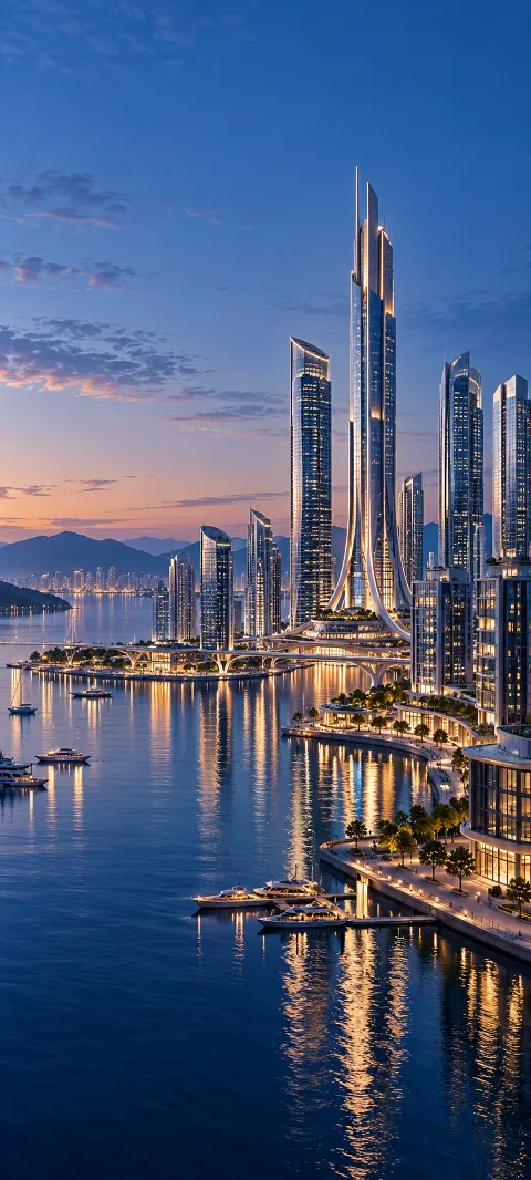 Silver towers rise behind a harbor promenade.