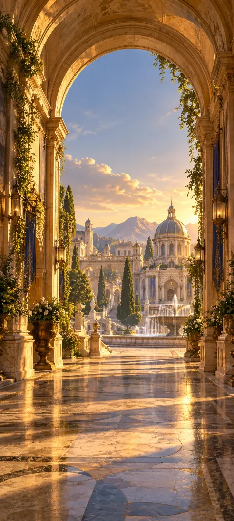 A brass arcade frames a fountain-filled civic square.