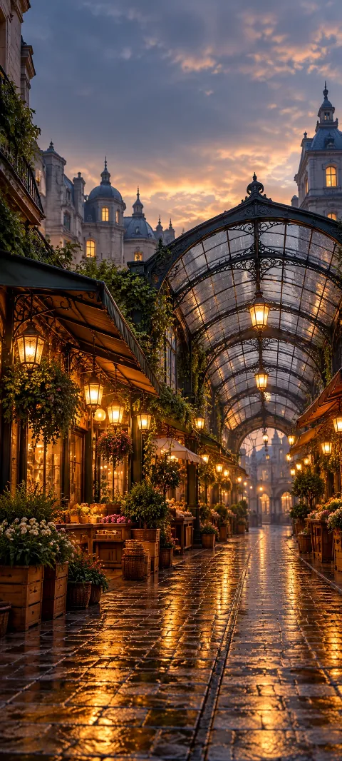 A quiet market canopy shelters a lane of warm lights.