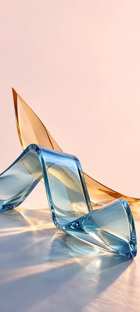 Folded icy-blue glass ribbon and amber blade on a pale blush field.