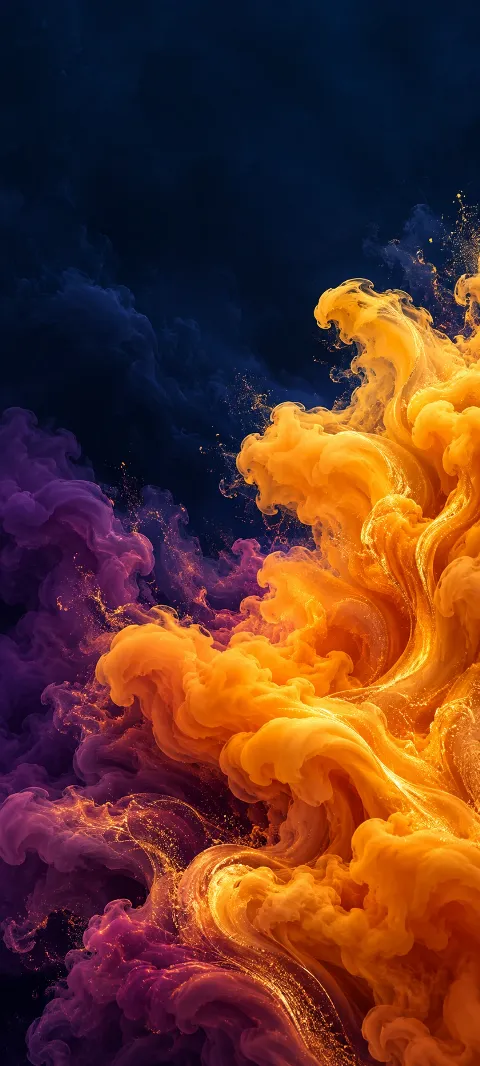 Golden saffron plumes curl through plum and navy with fine gold particles.