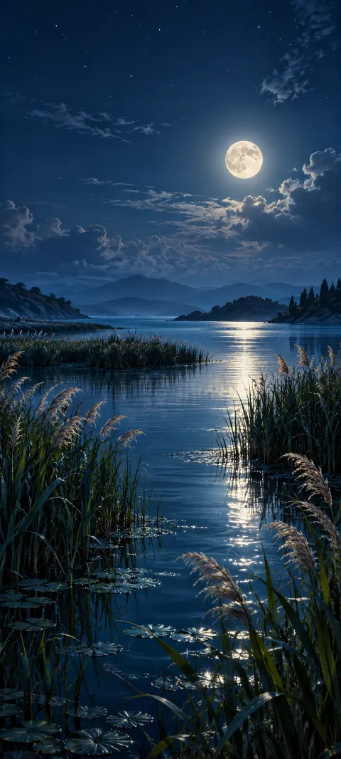 A full moon reflects across a reed-lined lagoon.