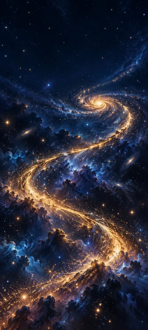 A golden galaxy ribbon winds through deep navy space.