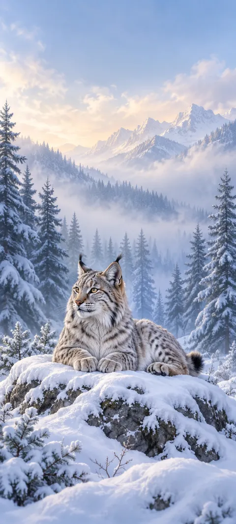 Lynx reclining on a snow covered rock with spruce forest and winter mountains behind.