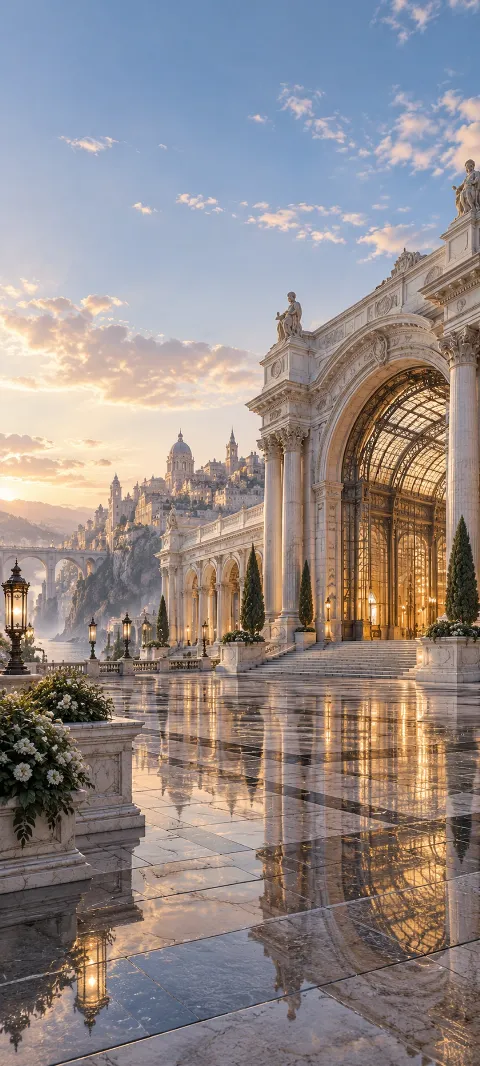 A white marble station opens onto a reflective plaza.