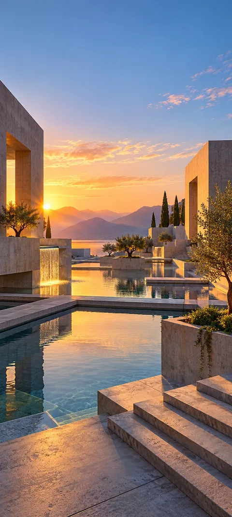 Concrete terraces catch sunrise around a geometric water court.