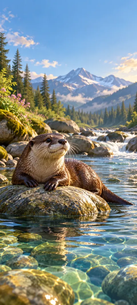 A wet river otter resting on a stone in a clear sunlit mountain stream.