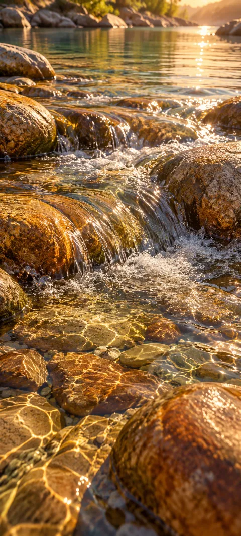 A creek cascades over warm stones beneath forest leaves.