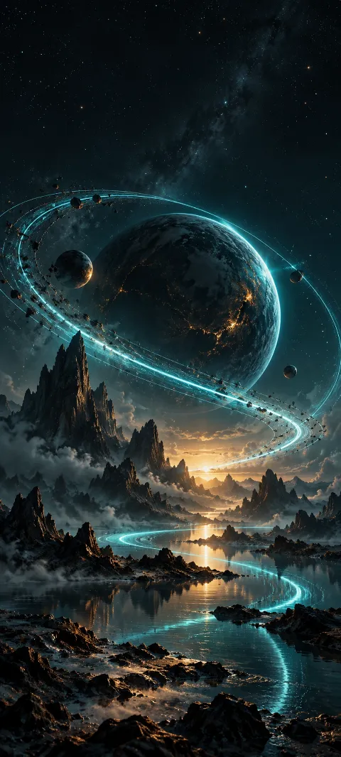 Teal arcs loop through charcoal space with amber reflections.