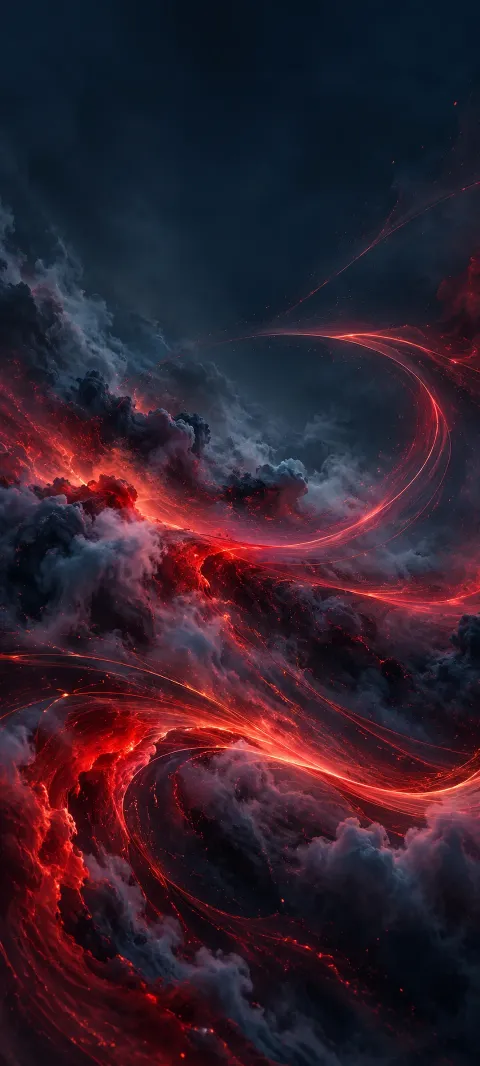 Scarlet lines arc through smoky navy space.
