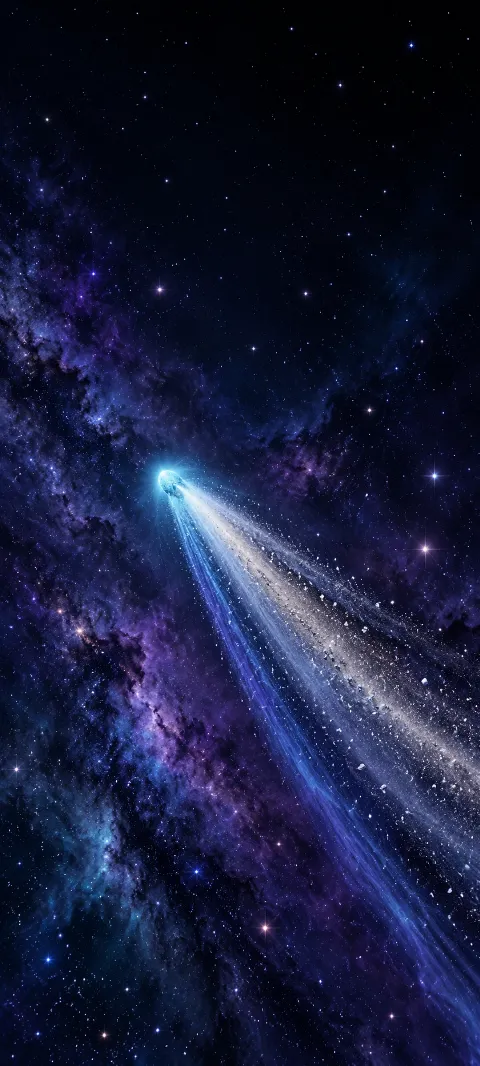Cyan icy comet with long indigo and silver tails against purple-blue cosmic clouds and stars.