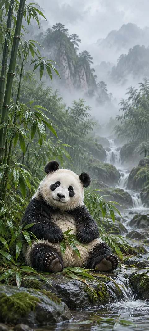 A whole seated giant panda on wet rock, holding bamboo leaves in a misty forest near a narrow waterfall.
