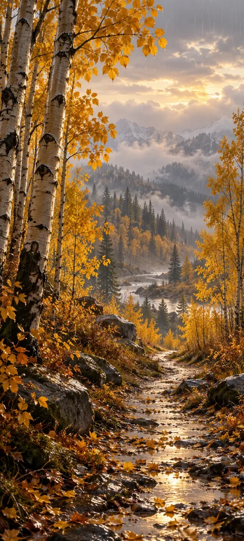 A narrow stream winds between amber birches and russet leaves.