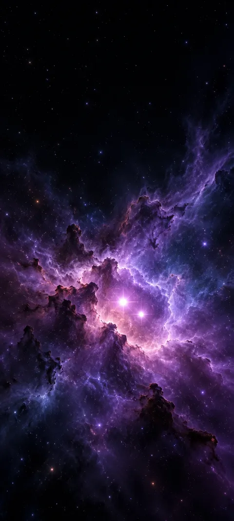 Two bright stars within violet nebula clouds and dark dust columns under a black star field.