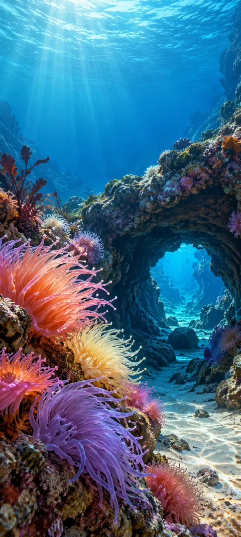 Colorful sea anemones surround a rocky underwater arch.